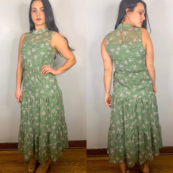 Lush All in Favor High Neck Sleeveless Tiered Dress in Sage Floral - Picture 2 of 6